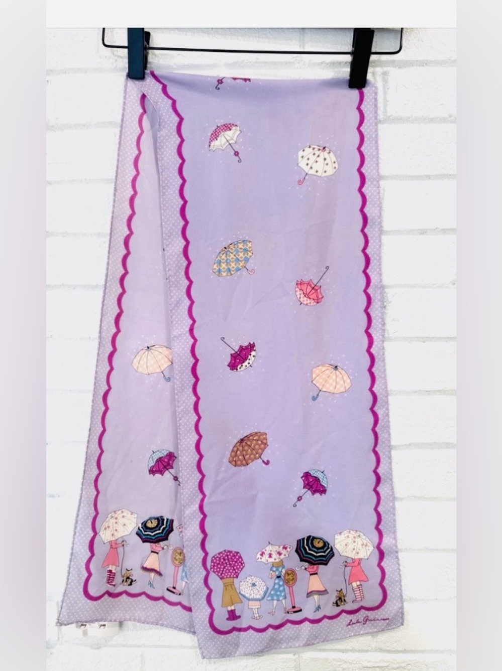 Vintage Lulu Guinness Silk Lavender Umbrella Bus Stop Print Scarf. Never worn!